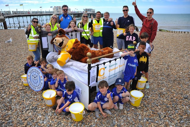 Worthing United Youth Football Club’s 30 teams took turns to push a bed along Worthing seafront to raise money for Chestnut Tree House
