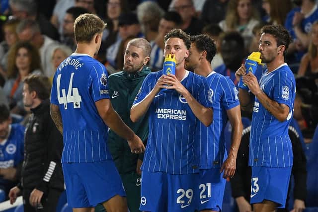 Fabian Hurzeler, manager of Brighton & Hove Albion, holds a team-talk during the home match against Tromso, in the UEFA Conference League. (Photo by Mike Hewitt/Getty Images)