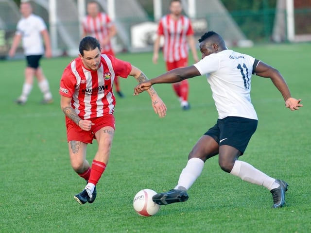 Action from Steyning Town v Eastbourne United. Picture by Stephen Goodger