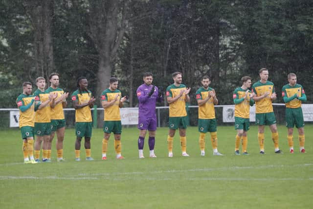 Horsham line-up before Saturday's FA Trophy win at Larkhall Athletic. Picture by John Lines