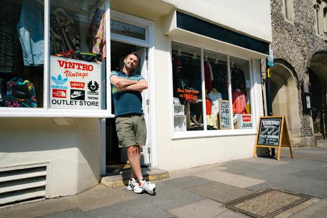 Steve Jenkins, owner of Vintro Vintage, outside his shop in South Street. Picture by Maxwell Media.