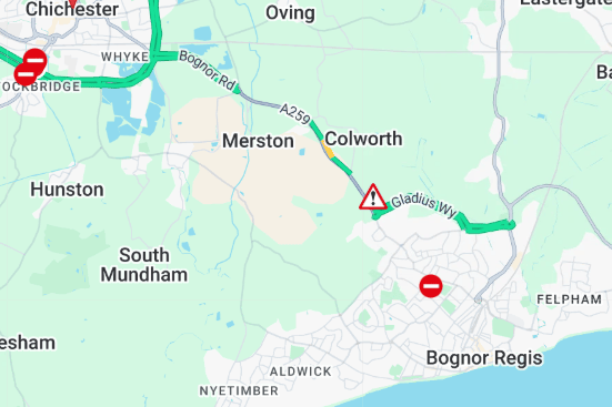 A stretch of the A259 has been closed between Bognor Regis and Chichester. Photo: AA Traffic News