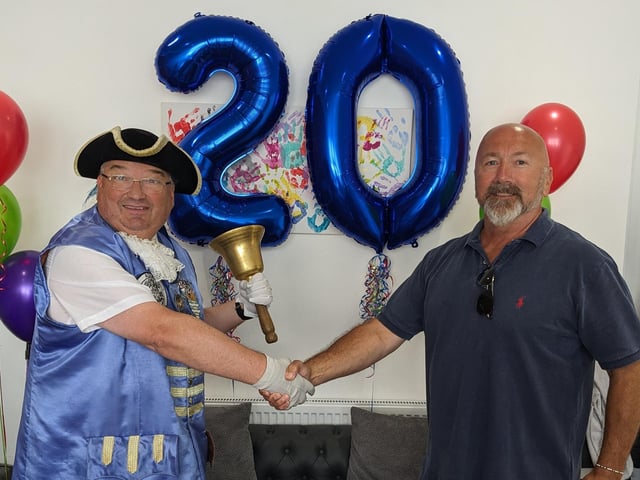 Frontline Associates Supported Tenancies celebrates the company's 20th anniversary and the first anniversary of the Frontline Hub, in Rowlands Road, Worthing, with a party for staff, service users and guests included Worthing town crier Bob Smytherman