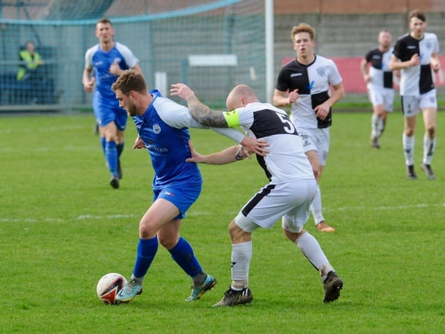 Action from Shoreham's 1-0 win over East Preston at Middle Road in division one of the SCFL
