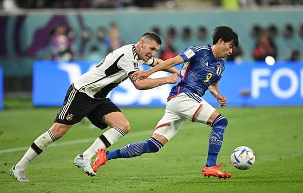Brighton attacker Kaoru Mitoma in action for Japan as they shocked Germany at the Qatar World Cup