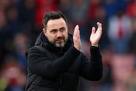 BOURNEMOUTH, ENGLAND - APRIL 28: Roberto De Zerbi, Manager of Brighton & Hove Albion, applauds the fans after the team's defeat during the Premier League match between AFC Bournemouth and Brighton & Hove Albion at Vitality Stadium on April 28, 2024 in Bournemouth, England. (Photo by Michael Steele/Getty Images)