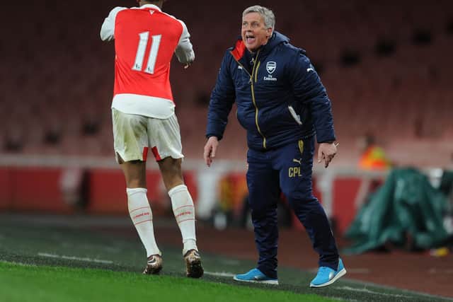 Carl Laraman the Arsenal Youth Coach gives Chris Willock some instructions during the match between Arsenal U18 and Manchester City U18 at Emirates Stadium on April 4, 2016.  (Photo by David Price/Arsenal FC via Getty Images)