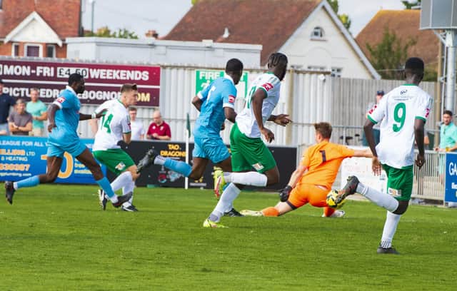 Tom Chalaye fires in to make it 2-1 for Bognor against Potters Bar | Picture: Tommy McMillan