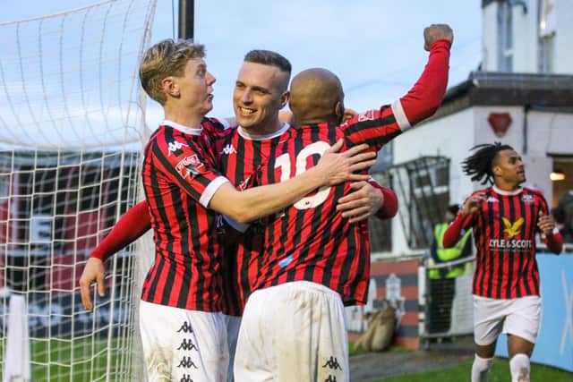 Lewes celebrate a goal against Corinthian-Casuals in their most recent home game | Picture: James Boyes
