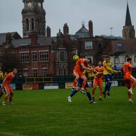 Eastbourne Town and Punjab United do battle at a dark and damp Saffrons | Picture: Josh Claxton