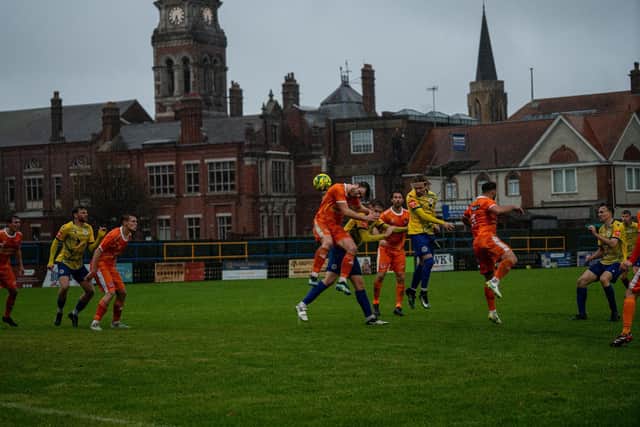 Eastbourne Town and Punjab United do battle at a dark and damp Saffrons | Picture: Josh Claxton