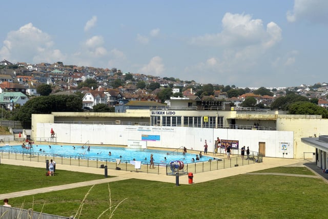 Saltdean Lido has reopened for swimming. The lido building is undergoing a huge restoration but the pool and outdoor changing rooms are able to open. Photo from 2021.