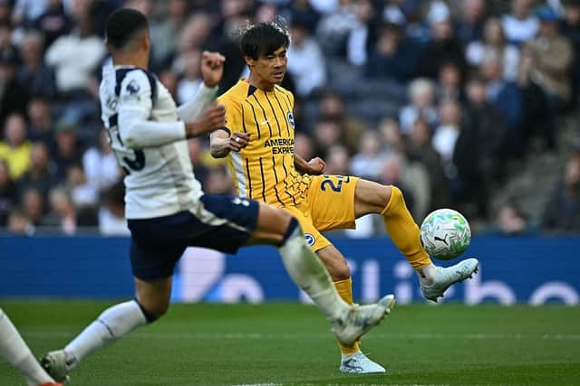 Kaoru Mitoma’s stunning volley brought Brighton and Hove Albion level at the Tottenham Hotspur Stadium. Photo: BEN STANSALL / AFP via Getty Images