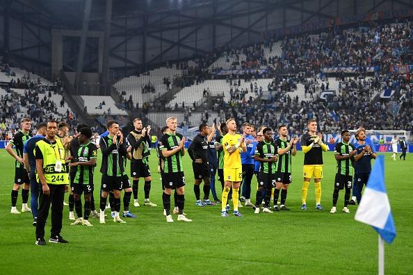 Brighton & Hove Albion players applaud the fans following the UEFA Europa League match