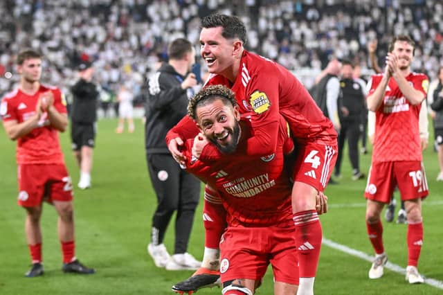 Crawley Town midfielder Liam Kelly (4) celebrates victory with Crawley Town defender Kellan Gordon (2) during the EFL Sky Bet League 2 play-off second leg match between Milton Keynes Dons and Crawley Town at stadium:mk, Milton Keynes, England on 11 May 2024.:Crawley Town hammered MK Dons 5-1 - and 8-1 on aggregate - to reach the League Two play-off final Wembley. Photographer Dennis Goodwin/Pro Sport Images was there to catch the action, the crowd and the celebrations