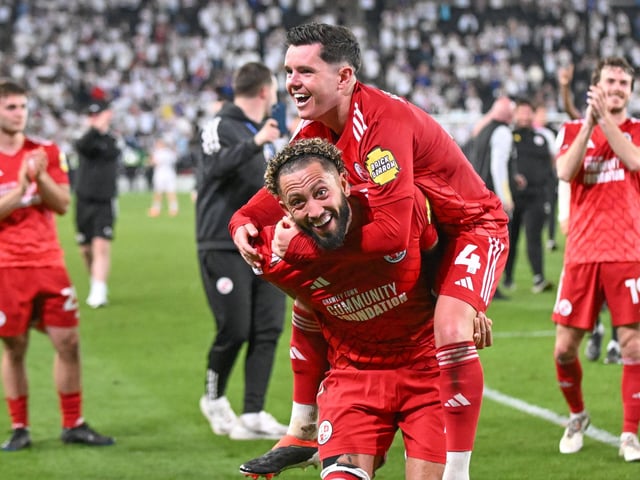 Crawley Town midfielder Liam Kelly (4) celebrates victory with Crawley Town defender Kellan Gordon (2) during the EFL Sky Bet League 2 play-off second leg match between Milton Keynes Dons and Crawley Town at stadium:mk, Milton Keynes, England on 11 May 2024.:Crawley Town hammered MK Dons 5-1 - and 8-1 on aggregate - to reach the League Two play-off final Wembley. Photographer Dennis Goodwin/Pro Sport Images was there to catch the action, the crowd and the celebrations