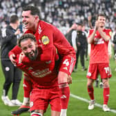 Crawley Town midfielder Liam Kelly (4) celebrates victory with Crawley Town defender Kellan Gordon (2) during the EFL Sky Bet League 2 play-off second leg match between Milton Keynes Dons and Crawley Town at stadium:mk, Milton Keynes, England on 11 May 2024.:Crawley Town hammered MK Dons 5-1 - and 8-1 on aggregate - to reach the League Two play-off final Wembley. Photographer Dennis Goodwin/Pro Sport Images was there to catch the action, the crowd and the celebrations