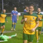 Jack Strange celebrates netting in Horsham's FA Trophy win at Larkhall Athletic. Picture by John Lines