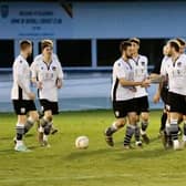 Bexhill United players celebrate one of the six goals they put past Loxwood | Picture: Joe Knight