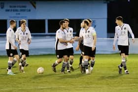 Bexhill United players celebrate one of the six goals they put past Loxwood | Picture: Joe Knight