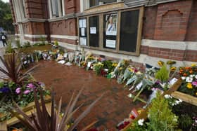 Floral tributes for the Queen at Eastbourne Town Hall (Photo by Jon Rigby)