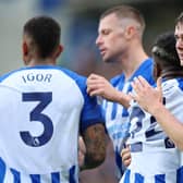 Evan Ferguson celebrates with teammate Simon Adingra after putting Brighton 1-0 up v Fulham - but the Seagulls could not go on to claim victory (Photo by Tom Dulat/Getty Images)