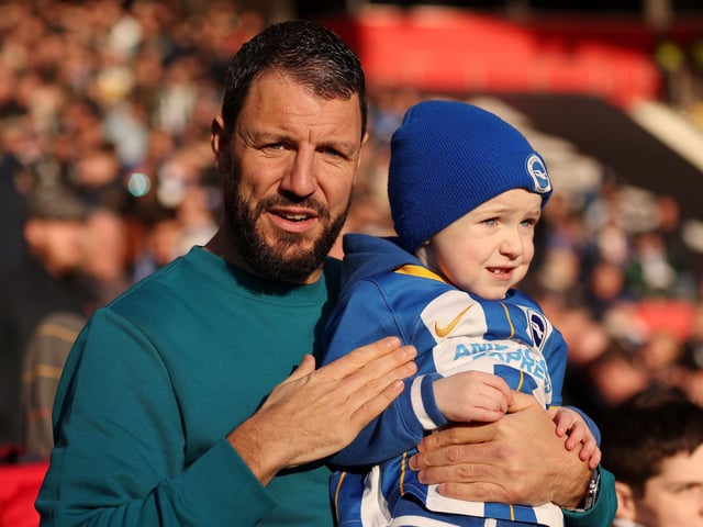 SOUTHAMPTON, ENGLAND - DECEMBER 26: Fans of Brighton & Hove Albion pose for a photograph prior to the Premier League match between Southampton FC and Brighton & Hove Albion at Friends Provident St. Mary's Stadium on December 26, 2022 in Southampton, England. (Photo by Warren Little/Getty Images)