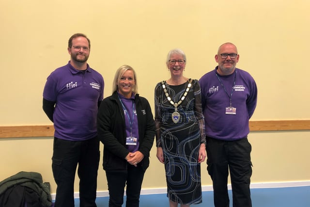 Community Wardens James, Michelle and Jamie with mayor Jill Long