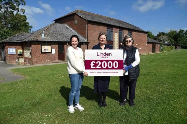 (From left to right) Fiona Horton Walberton Village Hall manager, Debbie Jacobs Linden Homes sales consultant and Jean Strickland chair of trustees at Walberton Hall. Picture: Vistry