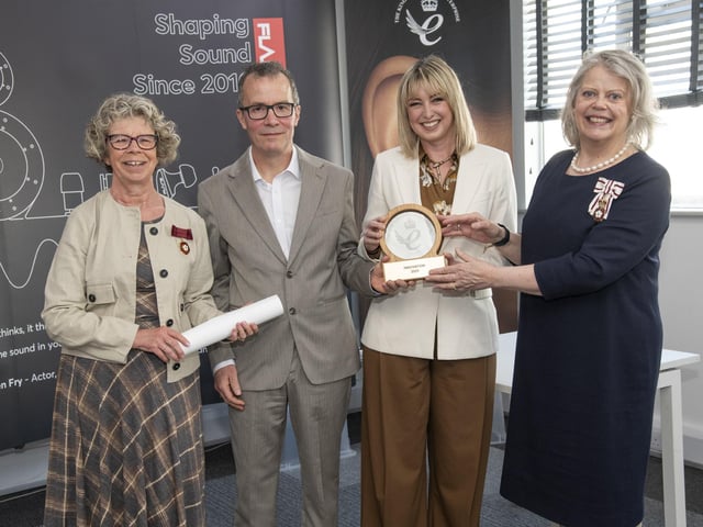 Flare Audio's Davies and Naomi Roberts, centre, with Lady Emma Barnard and Deputy Lieutenant Alison Moorey
