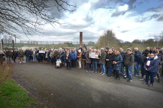 Public gathering by the gates of the Northeye site in Bexhill on Saturday April 1, 2023