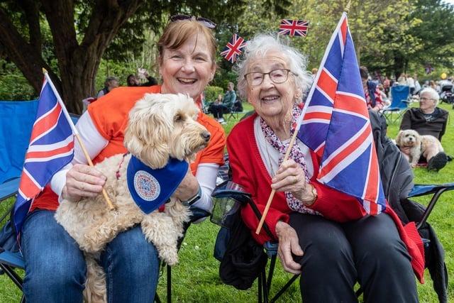 Iris Camp, 92, celebrating her second Coronation at Hotham Park with Daughter Debbie Camp and dog Jazz. Photo: Neil Cooper