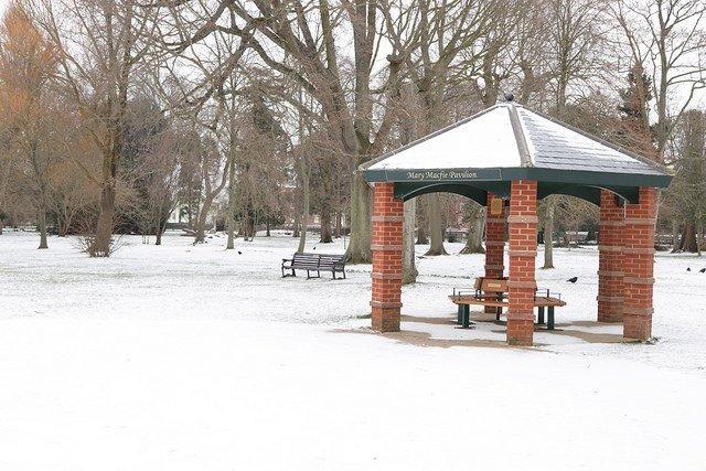 The brick shelter stood out from the snow in Hotham Park