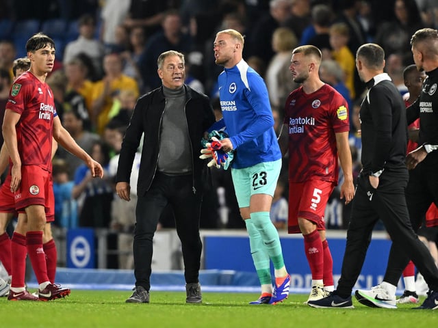 Tempers got heated on the sidelines during Crawley Town's Carabao Cup tie at Brighton. (Photo by Mike Hewitt/Getty Images)