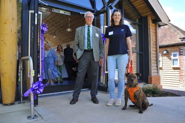 Dr Bruce Fogle, Woody and Su Botherway (Centre Manager). Official Reopening of Mount Noddy, RSPCA Sussex West Centre. Pic Steve Robards SR2207021