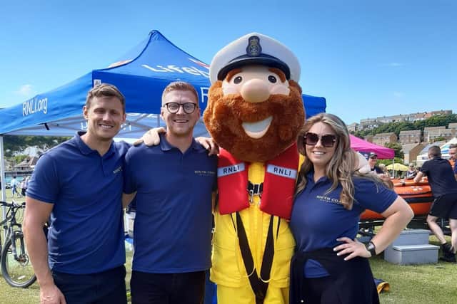 RNLI mascot Stormy Stan at last years Newhaven Lifeboat Summer Fayre, with event sponsors South Coast Residential.