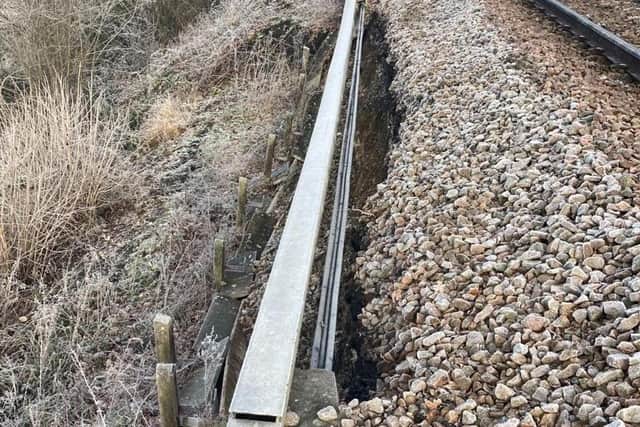 The scene on Tuesday when the landslip was still moving. Photo: Network Rail Kent & Sussex