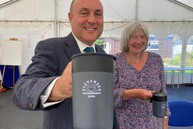 Andrew Griffith with new Elevenses Community Cuppa sustainable cup