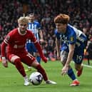 Brighton's Argentinian defender Valentín Barco in action against Liverpool