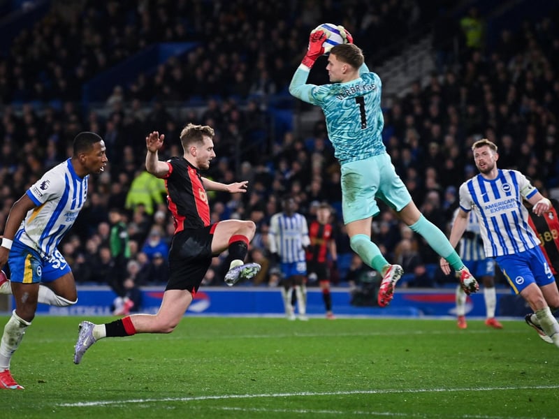 Forced into a full stretch save early doors. Great save from Semenyo at point-blank range. Absolutely nothing he could do about Kluivert’s goal. An incredible save at 1-1 when it looked for all the world Bournemouth were about to score. Another save in injury-time and Brighton just about got the ball clear. (Photo by GLYN KIRK/AFP via Getty Images)