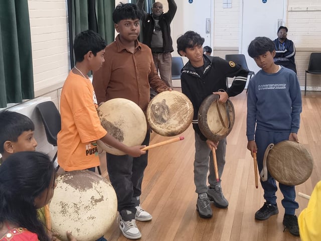 Children and adults came together in Crawley to discover the powerful rhythms of Parai, a traditional Tamil drumming art form, at a community workshop organised by Aurvi Collective