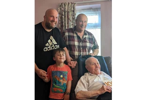 Four generations: Ron, son Alan (73), grandson Richard (37), great grandson Frank (4)