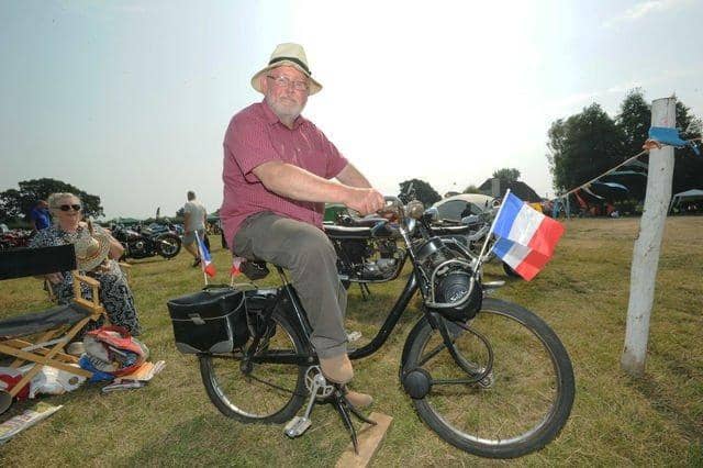 Founder Paul Goulet on a moped at the first Sussex Car and Motorcycle Jumble at Worthing Rugby Club in 2019