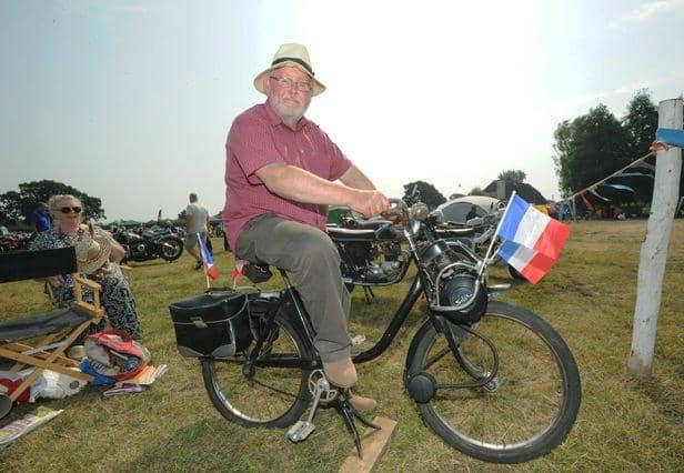 Founder Paul Goulet on a moped at the first Sussex Car and Motorcycle Jumble at Worthing Rugby Club in 2019