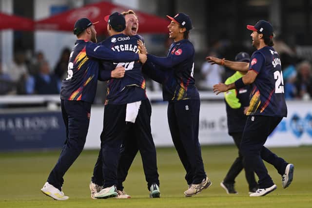 Simon Harmer of Essex (3rd L) celebrates with team mates after completing his hat trick by dismissing Michael Burgess of Sussex during the Vitality Blast T20 between Sussex Sharks and Essex at The 1st Central County Ground on June 01, 2023 in Hove, England. (Photo by Mike Hewitt/Getty Images)