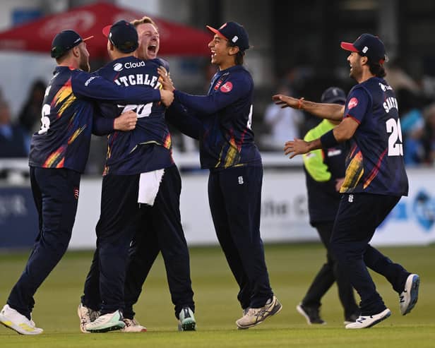 Simon Harmer of Essex (3rd L) celebrates with team mates after completing his hat trick by dismissing Michael Burgess of Sussex during the Vitality Blast T20 between Sussex Sharks and Essex at The 1st Central County Ground on June 01, 2023 in Hove, England. (Photo by Mike Hewitt/Getty Images)