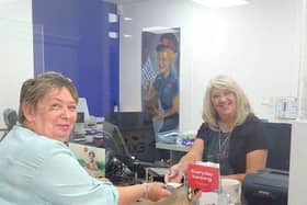 Town Cllr Mary Laxton and counter clerk at Hailsham Post Office