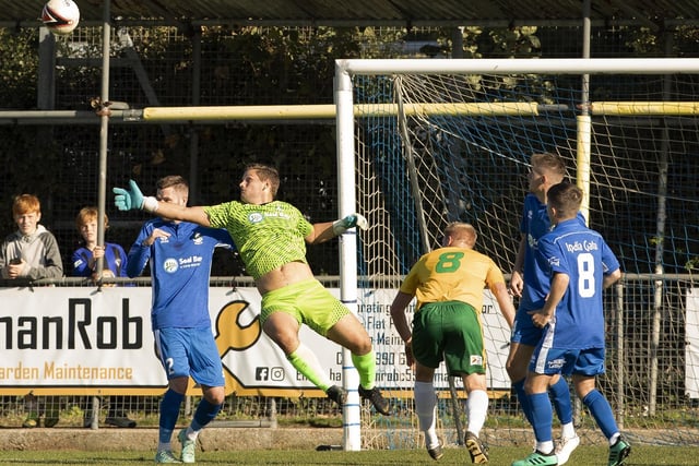 Goalkeeper Syd Davies in action for Selsey making a save