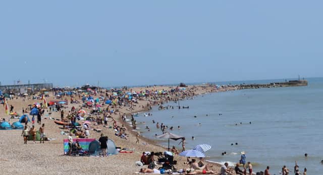 Hastings beach during the current heatwave