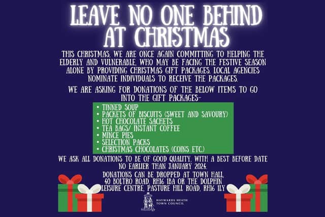 Donations to enhance gift packages can be handed in at Haywards Heath Town Hall at 40 Boltro Road or The Dolphin Leisure Centre in Pasture Hill Road